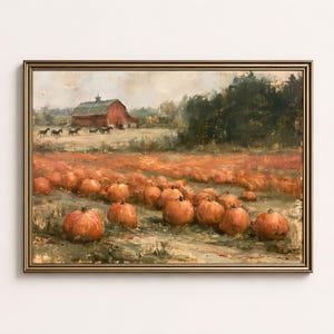 May include: A framed landscape painting depicting a pumpkin patch in the foreground with numerous orange pumpkins scattered across a field. In the background, a red barn stands near a line of dark green trees under a muted, cloudy sky.