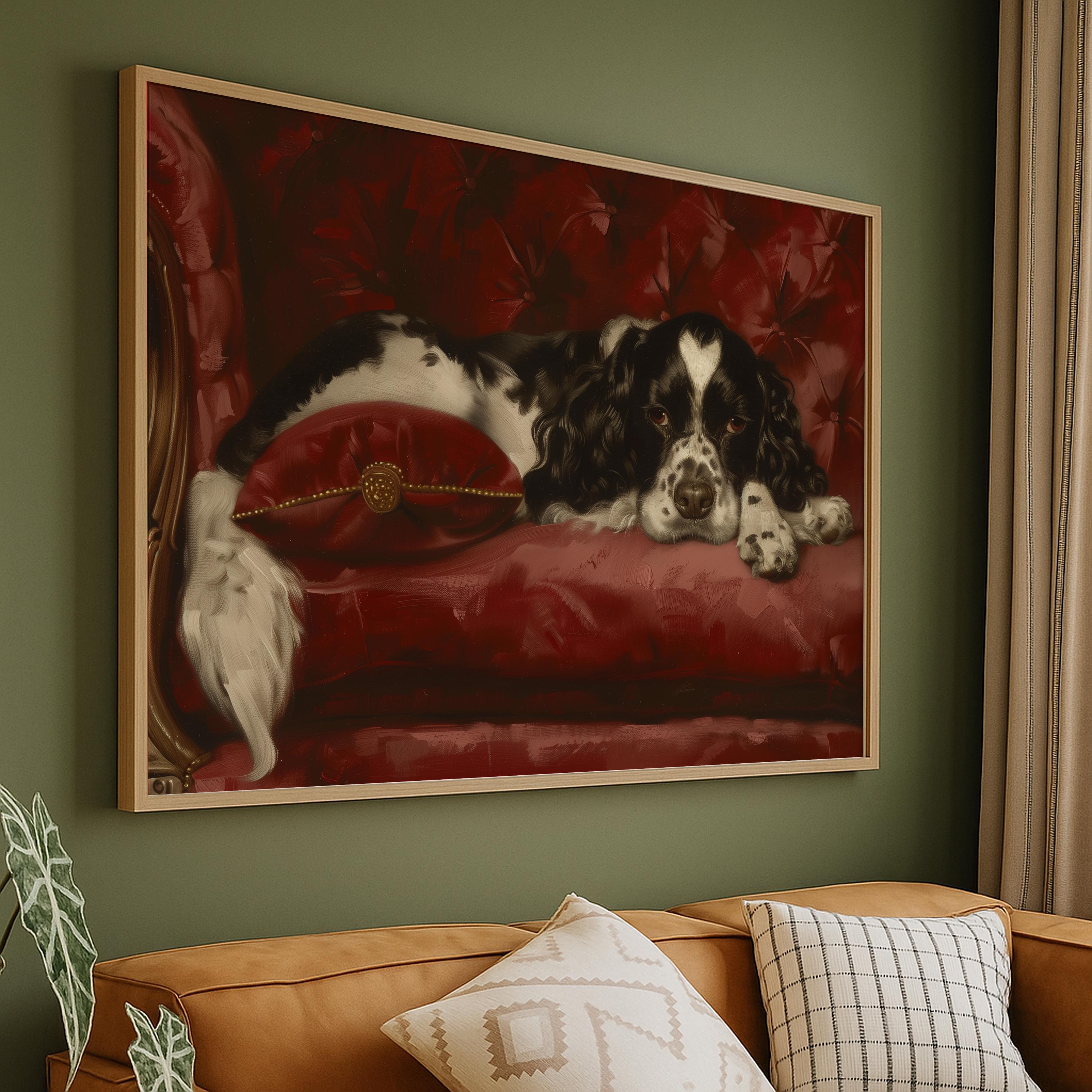 Vintage Spaniel Dog Wall Art, Black and White Cavalier Print, Moody Red ...