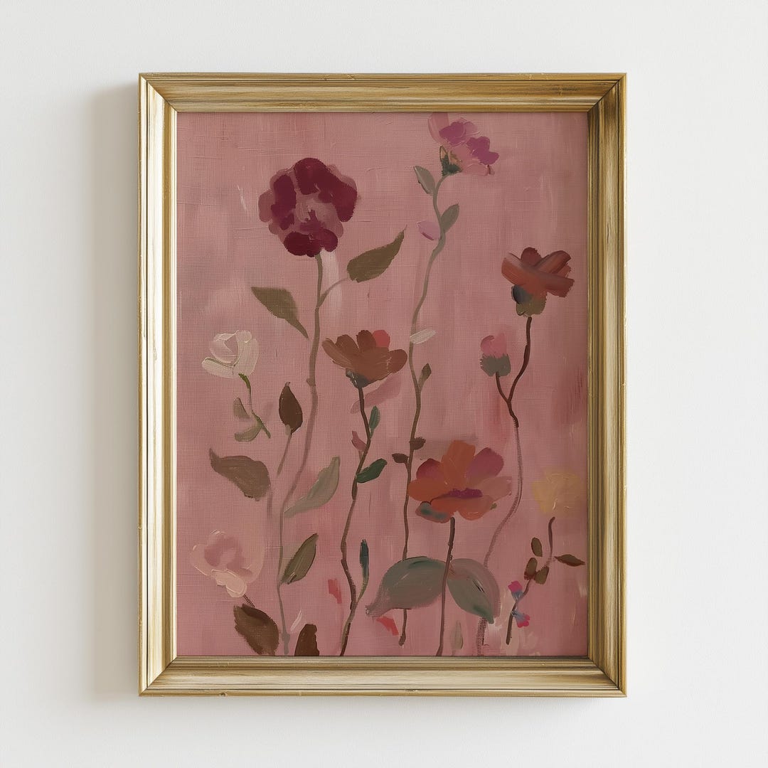 Pink Floral Wall Art, Vintage Botanical Print, Minimal Flower Painting ...