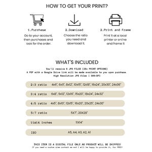 May include: A beige digital print with instructions on how to get the print. The print includes a list of sizes and ratios, including 4x6, 6x9, 8x12 inches, and more. It also includes the text "WHAT'S INCLUDED".