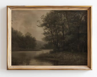Dark Moody Forest Landscape Print Antique Woodland Wall Art Dark Academia Decor Vintage Lake Painting Cottagecore Printable Art