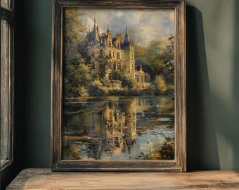 Vintage Französisches Chateau Kunstdruck, Romantische Schlosslandschaft (Digitaler Download)