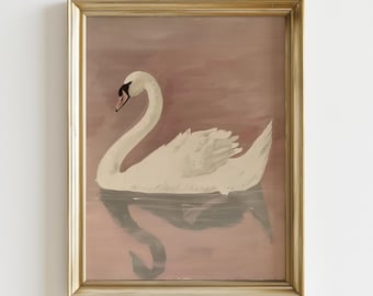 Vintage witte zwaan muurdecoratie, printbaar zwanenschilderij, neutrale landelijke decoratie, sfeervolle vogelprint, antieke cottagecore muurdecoratie