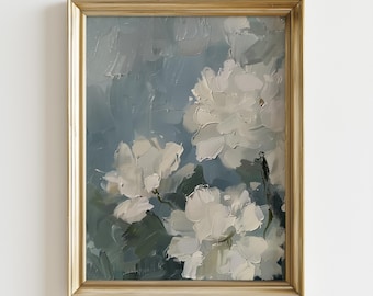 Soft White Floral Wall Art Printable, Textured Blue Botanical Painting, Neutral Cottagecore Farmhouse Decor Digital Download