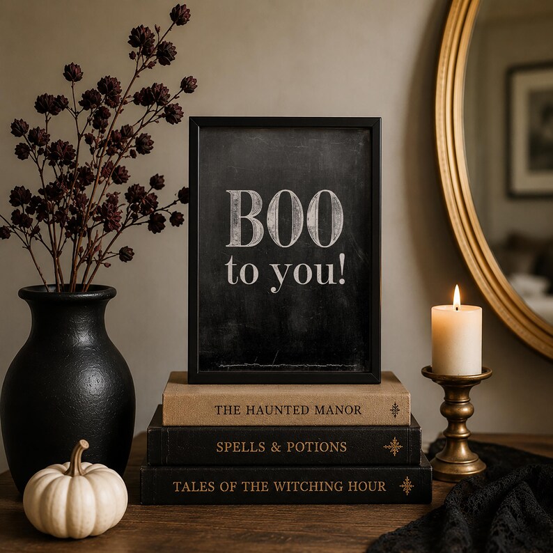 May include: A black framed sign with the white text BOO to you! resting on a stack of three books titled The Haunted Manor, Spells & Potions, and Tales of the Witching Hour, accompanied by a black vase, a small white pumpkin, and a lit candle.