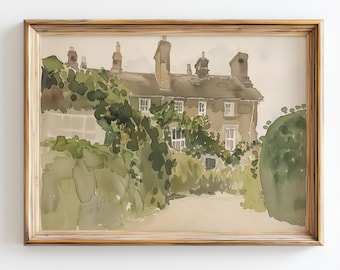 Vintage English Cottage Print, Antique Country House, Watercolour Landscape, PRINTABLE Wall Art, Digital DOWNLOAD