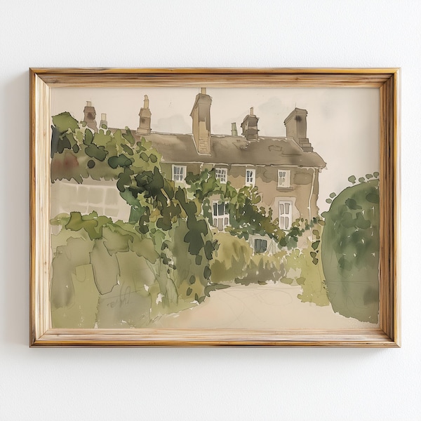 Vintage English Cottage Print, Antique Country House, Watercolour Landscape, PRINTABLE Wall Art, Digital DOWNLOAD