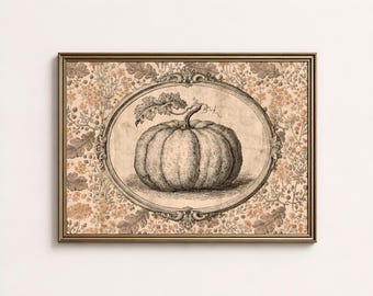 May include: A framed wall art print featuring a central black and white botanical illustration of a pumpkin enclosed within an ornate oval frame, set against a repeating background pattern of brown oak leaves and small floral sprigs.