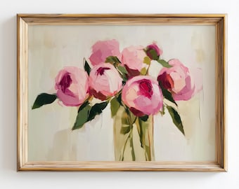 Pink Peony Wall Art, Floral Oil Painting, Romantic Flower Decor, Soft Feminine Home Print