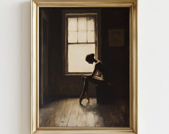 May include: A framed painting depicts a ballerina in a dimly lit room. The ballerina is seated near a window, with light illuminating her silhouette. The artwork features a gold frame and a muted color palette, creating a sense of solitude and reflection.