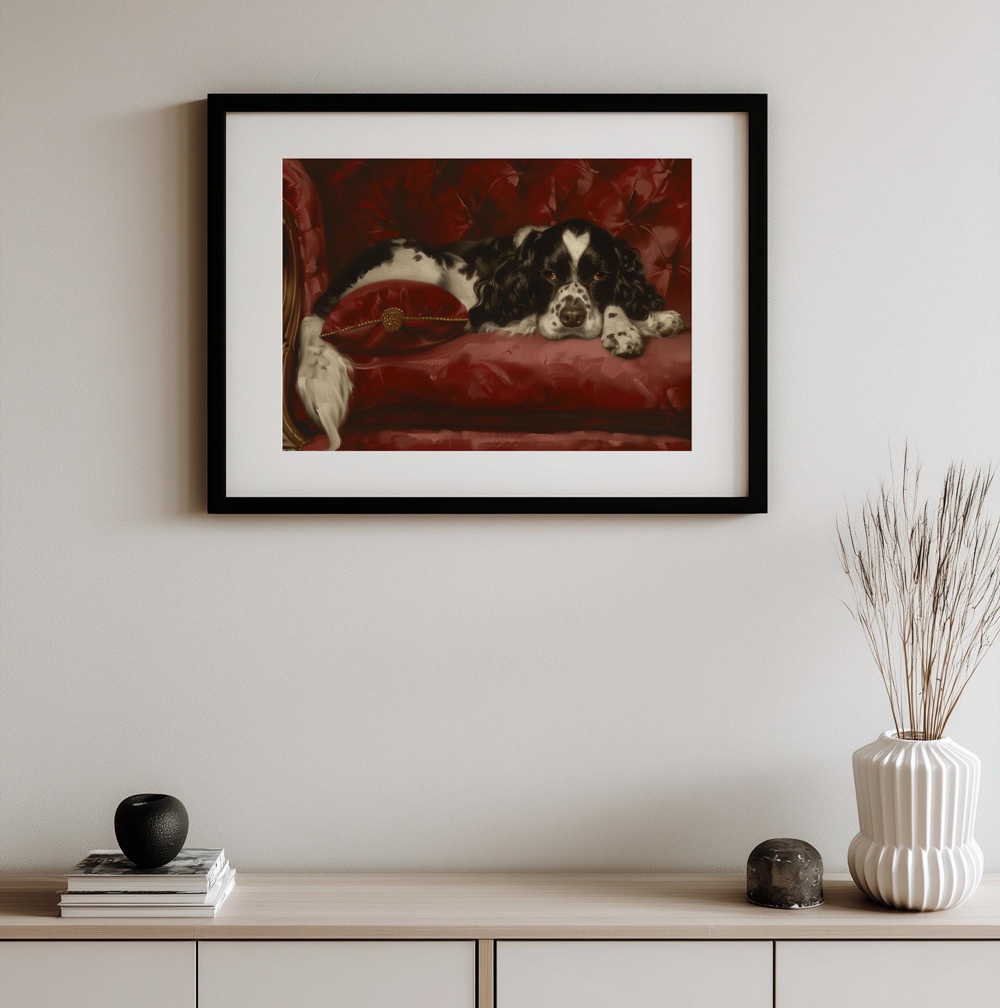 Vintage Spaniel Dog Wall Art, Black and White Cavalier Print, Moody Red ...