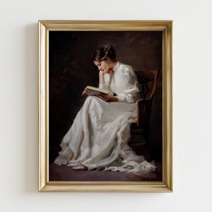 Wiktoriańska kobieta czytająca, wydruk artystyczny, portret w stylu Dark Academia (pobranie cyfrowe)