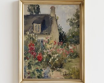 Vintage Cottage Garden Wall Art, French Country Floral Landscape, Farmhouse Decor Print