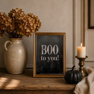 May include: A rectangular gold-toned frame containing a black chalkboard sign with the white text BOO to you! The frame is positioned next to a speckled beige ceramic vase filled with dried brown hydrangea flowers, a black pumpkin, and a lit candle.
