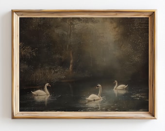 Dark Swan Lake Art Print Moody Antique Swan Painting Dark Cottagecore Wall Art Modern Farmhouse Decor Digital Download