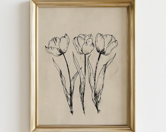 Minimalist Tulip Sketch Wall Art, Vintage Botanical Line Drawing, Black and White Floral Print, Spring Flower Decor, Aesthetic Ink Art