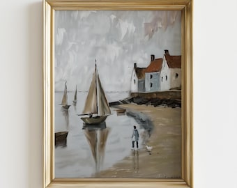 Vintage Coastal Harbor Print, Sailboat Oil Painting Printable, Neutral Seaside Wall Art, Antique Coastal Decor, Vintage Beach Download
