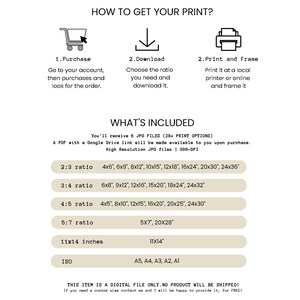 May include: A beige digital print guide with instructions on how to get a print. The guide includes steps for purchase, download, and printing. It lists various print sizes in inches, including 4x6, 6x9, 8x12, and 11x14.