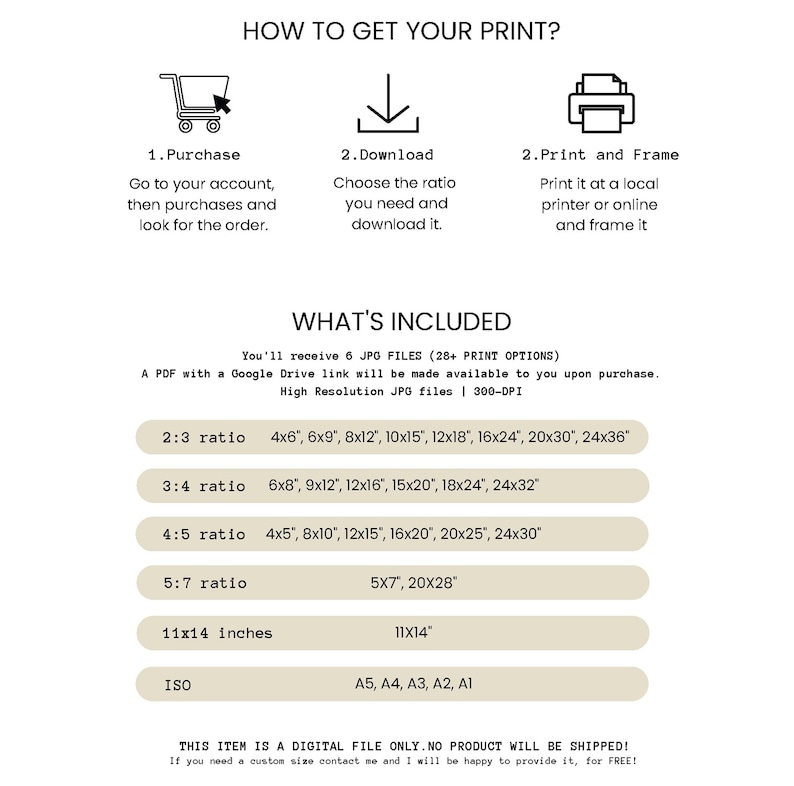 May include: A beige digital print guide with instructions on how to get a print. The guide includes steps for purchase, download, and printing. It lists various print sizes in inches, including 4x6, 6x9, 8x12, and 11x14.