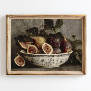 May include: A framed still life painting featuring a bowl of figs. The bowl is white with a blue floral pattern. Whole and sliced figs in shades of purple, yellow, and brown are arranged with green leaves against a gray background.