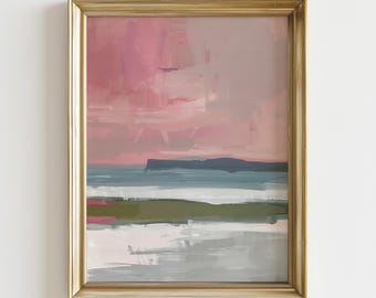 Abstract Coastal Landscape Print, Pink Seascape Wall Art, Minimal Modern Ocean Painting, Soft Pastel Beach Decor, Printable Art