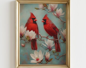 Romantic Cardinal Birds Art, Red Cardinal Couple Painting, Valentine’s Day Nature Wall Art Gift for Couple