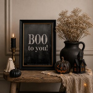 May include: A black framed sign with the text BOO to you! in white lettering. The display includes a black candle in a brass holder, a small ghost figurine, a black pumpkin, a black vase with dried flowers, and a small black house figurine.