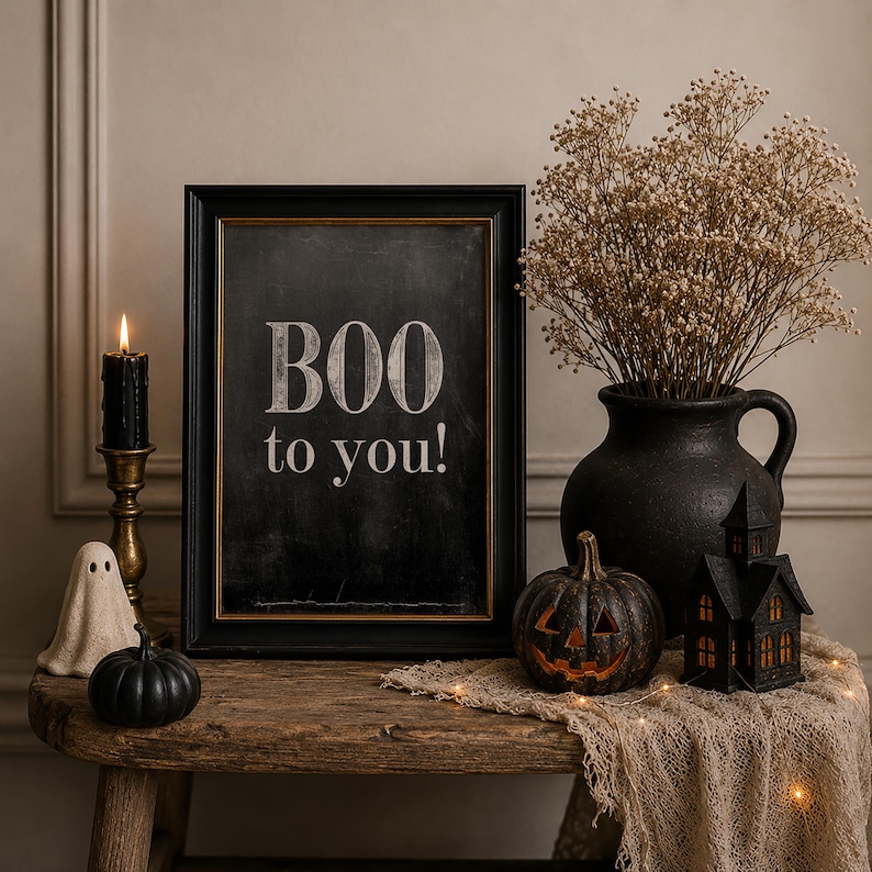 May include: A black framed sign with the text BOO to you! in white lettering. The display includes a black candle in a brass holder, a small ghost figurine, a black pumpkin, a black vase with dried flowers, and a small black house figurine.