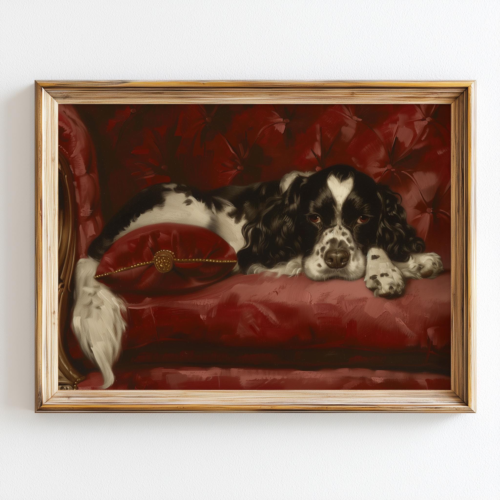 Vintage Spaniel Dog Wall Art, Black and White Cavalier Print, Moody Red ...