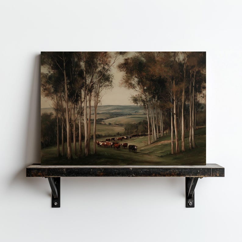 Farmhouse Cow Landscape Print, Rustic Countryside Cattle Painting ...