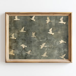 Väggkonst med fåglar i flykt | Vintage minimalistisk djurlivsaffisch | Neutral naturdekor | Digital nedladdning | Horisontell