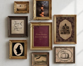 Vintage Halloween Gallery Wall Set of 8, Printable Halloween Wall Art Bundle, Gothic Farmhouse Decor, Dark Academia Prints