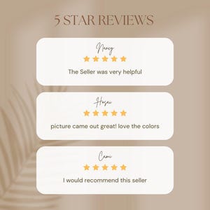 May include: A graphic displaying customer reviews with a neutral color palette. The text "5 STAR REVIEWS" is at the top. Three reviews are shown, each with a name, a 5-star rating, and a short comment. The reviews are from Nancy, Hosai, and Cami.