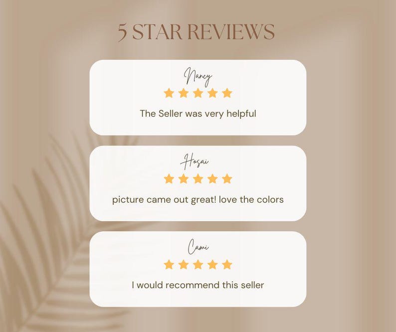 May include: A graphic displaying customer reviews with a neutral color palette. The text "5 STAR REVIEWS" is at the top. Three reviews are shown, each with a name, a 5-star rating, and a short comment. The reviews are from Nancy, Hosai, and Cami.