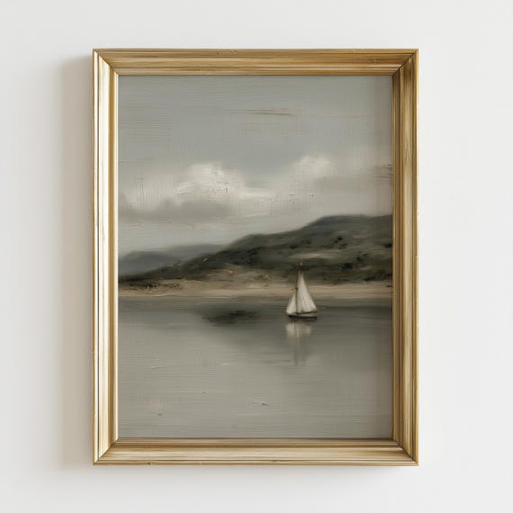 Moody Seascape Sailboat Print, Minimal Coastal Wall Art, Vintage Ocean Landscape, Neutral Beach Decor, Printable Wall Art