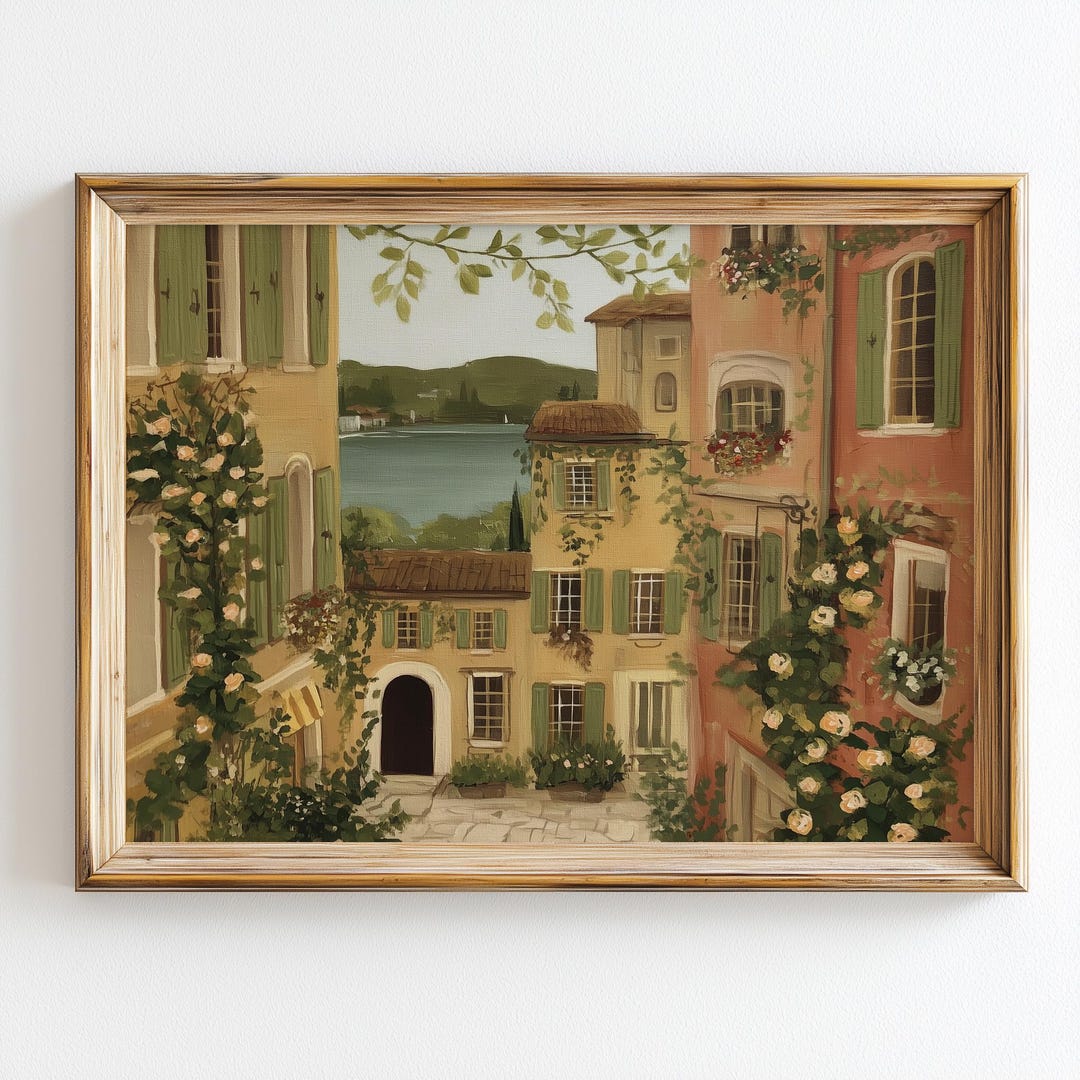 Italian Coastal Village Oil Painting, Lake Como Wall Art, Mediterranean ...