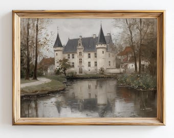 French Chateau Wall Art Print Vintage Castle Landscape Romantic European Countryside Decor Elegant Classic Home Printable Art