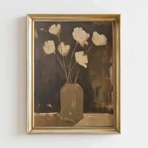 Neutral Floral Print | Vintage Minimalist Flower Vase Print | Moody Botanical Wall Art | Beige Brown Neutral Decor | Digital Download