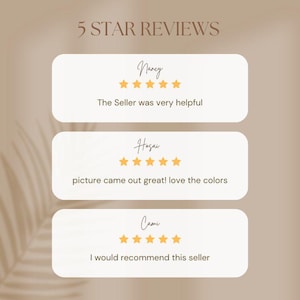 May include: A graphic displaying customer reviews with a neutral color palette. The text "5 STAR REVIEWS" is at the top. Three reviews are shown, each with a name, a 5-star rating, and a short comment. The reviews are from Nancy, Hosai, and Cami.