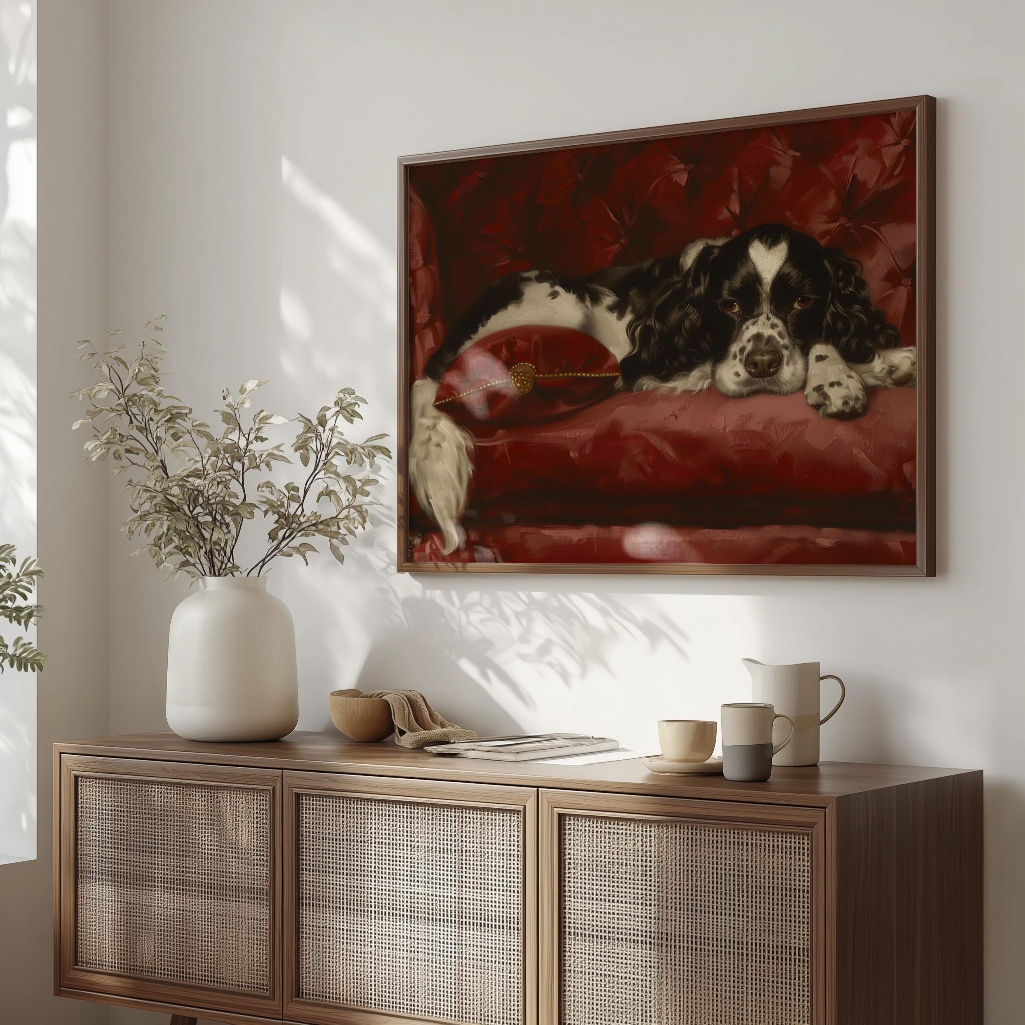 Vintage Spaniel Dog Wall Art, Black and White Cavalier Print, Moody Red ...