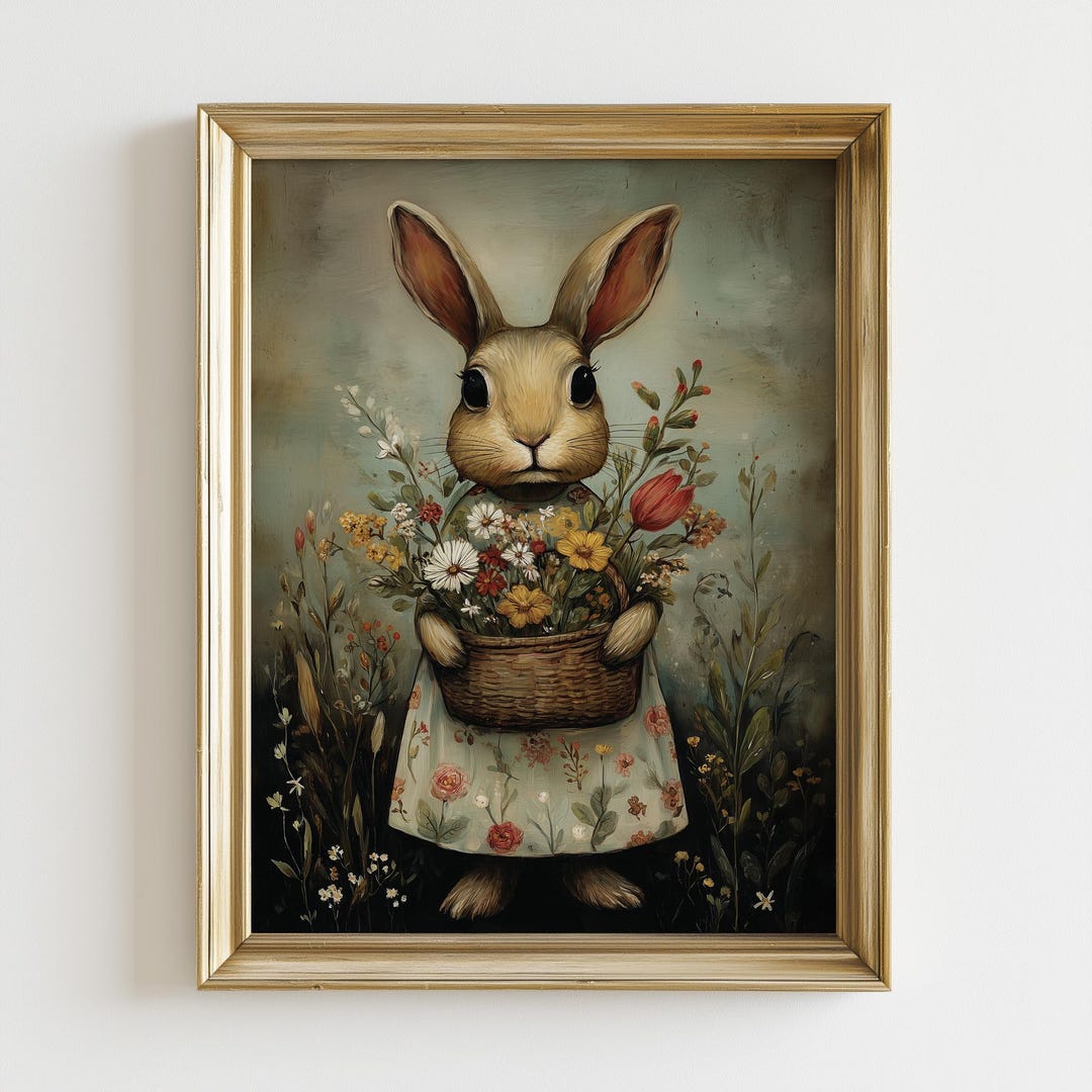Easter Bunny Wall Art, Vintage Rabbit With Flowers, Spring Nursery ...