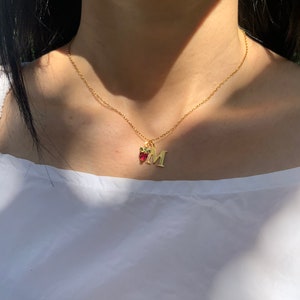 Gold Strawberry Charm Necklace, Strawberry Necklace, Personalized Monogram Pendant Necklace, Personized Initial Necklace,Gift for Her
