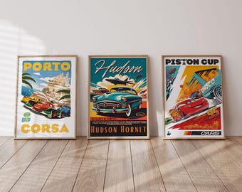 Poster del film Cars, set di 3 poster del film, Piston Cup, Disneyland Home, Piston Cup - Poster Lightning Radiator Springs
