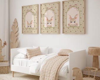 Impresión vintage de conejo de Pascua, pintura de conejo primaveral, arte de pared imprimible, decoración cottagecore con animales, descarga digital