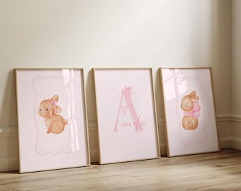 Pink Bunny Personalised Set Of 3 Nursery Prints For Baby Girls Room, Girl Bedroom Prints, Pink Nursery Decor Wall Art, Bunny Prints