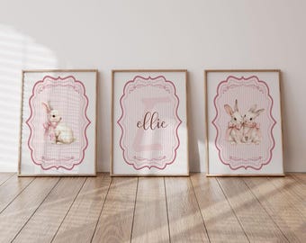 Pink Bunny Personalised Set Of 3 Nursery Prints For Baby Girls Room, Girl Bedroom Prints, Pink Nursery Decor Wall Art, Bunny Prints