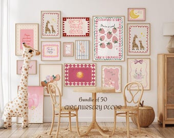 Stampe artistiche da parete per cameretta da bambina in rosa, set galleria, pacchetto di stampe artistiche da parete per cameretta da bambina, set di +50 stampe orizzontali e verticali, download digitale
