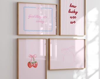 How Lucky Are We Wall Art, Coquette Pink Striped Aesthetic Poster, Pink Striped Cottagecore Art, Digital Download