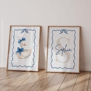 Girl&#39;s Duck Art Print ,Set of 2 Cute Duck Wall Art, Personalized Name, Blue Coquette Room Decor,Duck Nursery Decor, Girl Nursery Decor