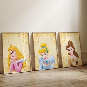 Princess Wall Art Set of 3 Prints,Playroom Wall Art Nursery princess Themed,Disney Princess Art for Girl&#39;s Room,  Printable Digital Download